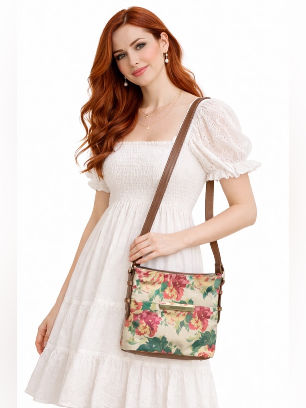 Tignanello Floral Crossbody Bag Cottagecore Cream Pink Green Adjustable Strap